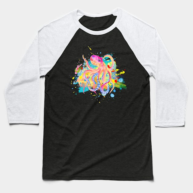 Octopus Splash of Color Baseball T-Shirt by Printed Passion